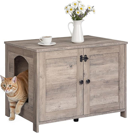 HOOBRO Litter Box Enclosure, Cat Litter Box Furniture with Removable Divider, Large Hidden Litter Box Furniture, Wooden Cat House, End Side Table, 31" L x 17.5" W x 19.7" H, Greige BG03MW01G2