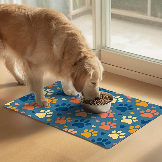 Colorful Dog Paw Print Pet Feeding Mat Spill-Proof Pets Food Mat for Dog Food and Water Bowl Pet Feeding Bowl Mats for Pets Feeding Cute Easy Clean Fast Dry Cats Feedings Pad 24" x 16"