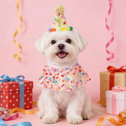 SCENEREAL Cat Birthday Hat & Scarf Costume Set, Pet Birthday Party Supplies - Kitten Bandana Bib Holiday Outfit Decorations Accessories for Big Cats Puppy Small Dogs Pet Animals
