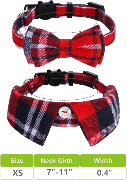 Faleela 2 Pack/Set Cat Collar with Cute Bow Tie and Bell,Breakaway Plaid Shirt Collar for Kitty Adjustable Safety