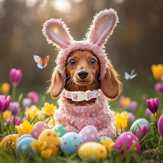 Easter Dog Collar for Small Dogs - Colorful Bunny Print Easter Collar for Male Female Dogs, Lightweight Adjustable Spring Holiaday Dog Collars with Quick Release Buckle S