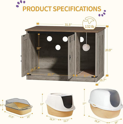 Cat Litter Box Enclosure, Hidden Litter Box Cabinet Furniture with Bell, Indoor Cat House, Farmhouse Style, 31.5 x 19.7 x 20.9Inches, for Hallway, Bedroom, Light Ivory and Brown CB82405X