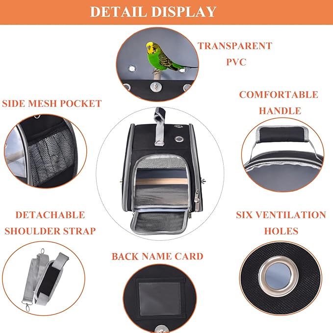 Bird Carrier with Stand & Tray, Small Bird Travel Cage for Parrot & Parakeet, Shoulder Strap - Black