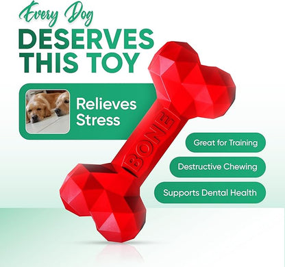 Natural Rubber Dog Chew Bone – Treat-Dispensing, Tough & Indestructible Chew Toy – Safe for Aggressive Chewers – Dental Health & Boredom Relief – (Red)