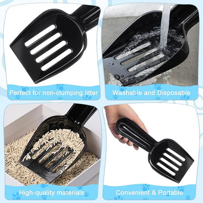 Bokon 6 Pack Disposable Cat Litter Scoop with Wide Slats Plastic Travel Kitty Poop Scooper for Cat Rescue Center Temporary Use When Traveling with Pets(Black)