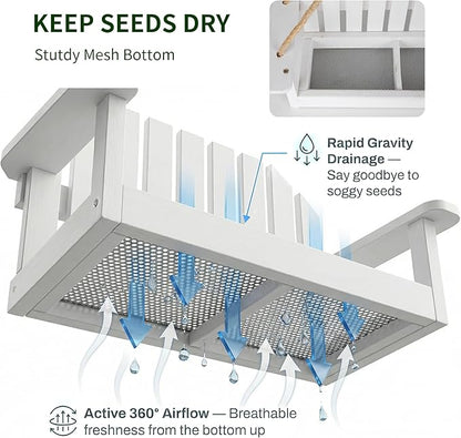 Solution4Patio White Swing Bird Feeder, Squirrel-Proof Metal Mesh Tray with Bench Design, High-Capacity Rust-Resistant Hanging Bird Feeder for Porch & Yard Décor – Easy Fill & Clean