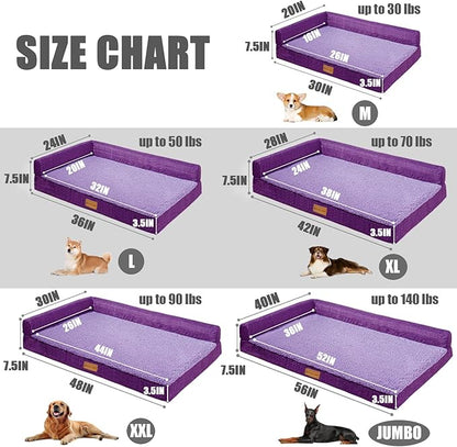 Patas Lague Orthopedic Dog Bed Large Sized Dog 36''X24'', Waterproof L Bolster Medium Pet Sofa Beds with Removable Washable Cover, Soft Comfortable Pet Couch Crate Mat with Nonskid Bottom, Purple