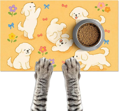 Bichon Frise Pet Food Mat Cute Spill-Proof Dog Water Bowl Mat Funning Mats for Cat Food and Water Bowls Cute Easy Clean Dog Bowl Mats Pet Placemat 20" x 12" Fast Dry Pets Feeding Pad