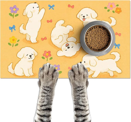 Bichon Frise Pet Food Mat Cute Spill-Proof Dog Water Bowl Mat Funning Mats for Cat Food and Water Bowls Cute Easy Clean Dog Bowl Mats Pet Placemat 20" x 12" Fast Dry Pets Feeding Pad