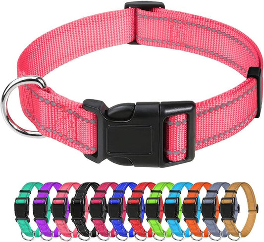 TagME Reflective Nylon Dog Collars, Adjustable Classic Pet Collar with Quick Release Buckle for Extra Large Dogs, Baby Pink, 1¼" Width