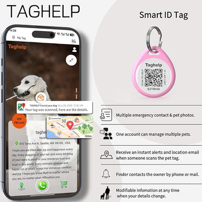 Smart QR Code Pet ID Tag for Dogs & Cats – Anti-Lost Collar Tag with Online Profile, Instant Email Alert on Scan, No Subscription Fees, No App Required (Pink, for Dog - 1.2")