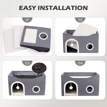 Heeyoo Cat House for Indoor Cats - Large Cat Bed Cave with Fluffy Ball and Scratch Pad, Foldable Cats Houses & Condos, Cat Hideaway, Covered Kitty Bed for Multi Small Large Kitty, 23.8x15.9x13.2 Inch