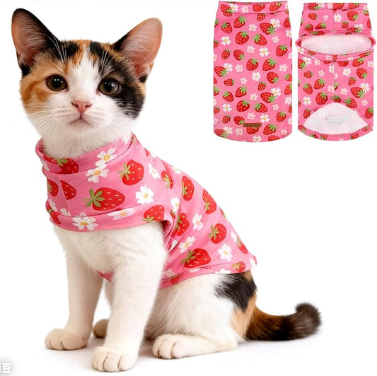 EXPAWLORER Soft Cat Sweater - Sweaters for Cats Only Warm Kitten Clothes, Fall and Winter Pet Coat Pullover Design, Fleece Sweatshirt Clothing Also for Puppy Small Dogs, Strawberry M