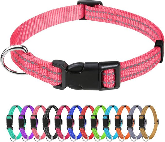 TagME Reflective Nylon Dog Collars, Adjustable Classic Pet Collar with Quick Release Buckle for Puppy, Baby Pink, 3/8" Width