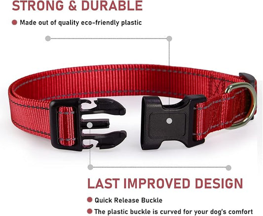 Reflective Dog Collar with Buckle Adjustable Safety Nylon Collars for Small Medium Large Dogs, Red S