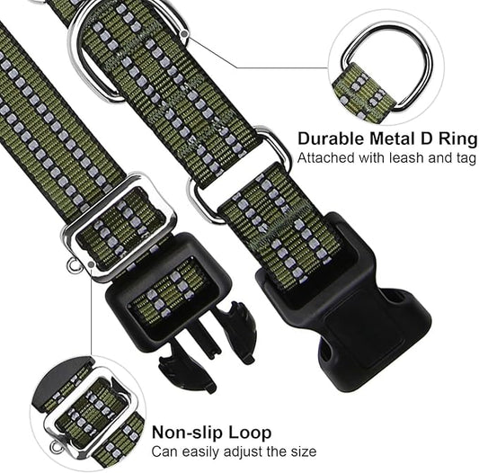 Martingale Dog Collar, Adjustable Nylon Reflective Collar with Quick Release Buckle (Forest Green, Large)