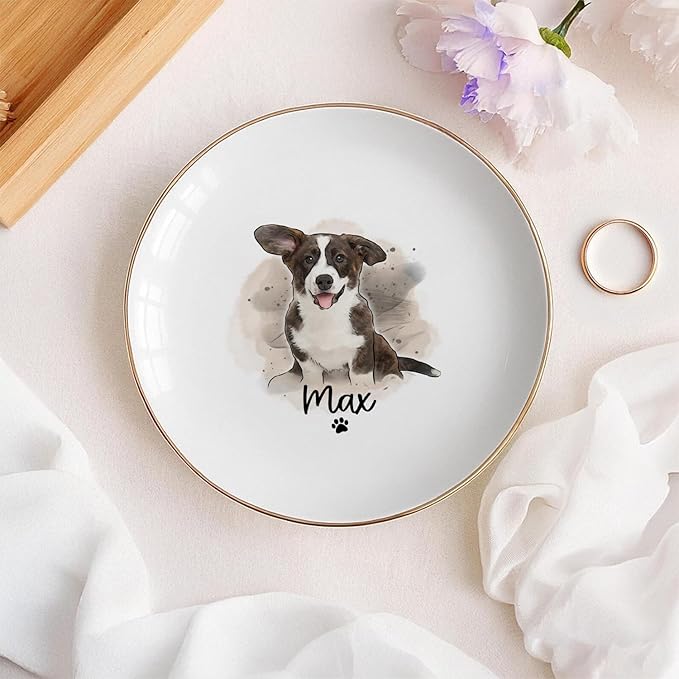 Custom Dog Cat Portrait Ring Dish, Personalized Pet Trinket Dish with Pet Photo & Name, Dog Mom Jewelry Tray, Engagement Gift, Keepsake for Dogs Lovers, Wedding, Pets Memory Gifts