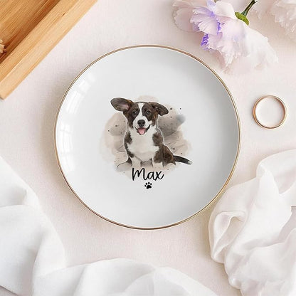 Custom Dog Cat Portrait Ring Dish, Personalized Pet Trinket Dish with Pet Photo & Name, Dog Mom Jewelry Tray, Engagement Gift, Keepsake for Dogs Lovers, Wedding, Pets Memory Gifts