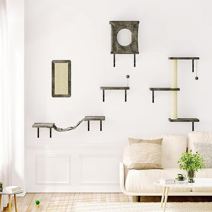 10-in-1 Cat Wall Shelves, Wooden Climbing Wall with Scratching Post, Wall Mounted Cat Furniture for Climbers, Space-Saving Cat Wall for Play & Rest, Drywall & Solid Walls