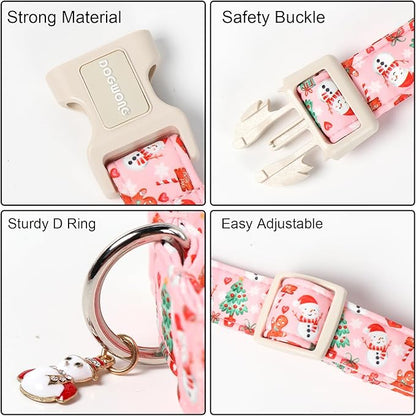 DOGWONG Christmas Dog Collar- Cute Pink Snowman Dog Collars, Adjustable Christmas Pet Collars Puppy Collar with Quick Release Buckle for Girl&Boy Dogs