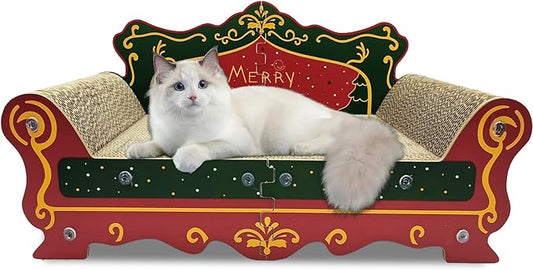Luxury Cardboard Cat Scratcher Sofa Bed, Couch Shaped Scratching Board, Scratch Lounge with Catnip, Scratcher for Indoor Cats Large (Christmas Tree Pattern)