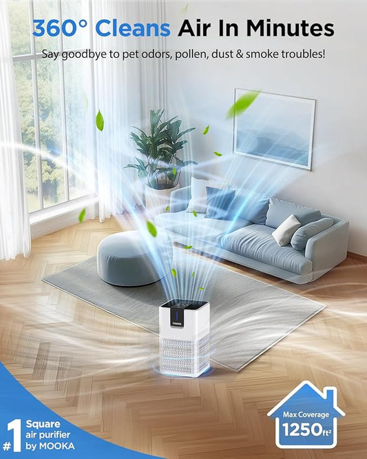Air Purifiers for Home Large Room 1250 Ft²,MOOKA H13 HEPA Air Purifier for Pets Dust Odor Smoke,Aromatherapy Function,Air Cleaner with 15dB Quiet Sleep Mode for Bedroom Office Living Room,M05,White