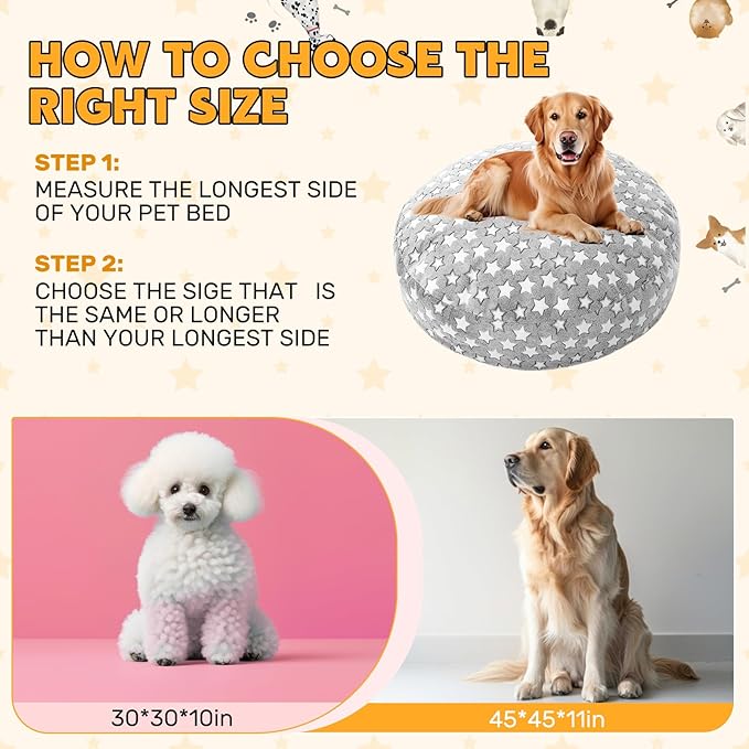 Youyole Large Washable Round Dog Bed Cover Replacement Waterproof 45 x 45 x 11 in Round Donut Bed Cover for Dog Soft Gray Pet Beds Protector Sheet with Lovely Star Print for Donut Beds & Pet Couch