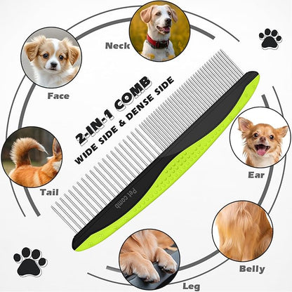 3PCS Pet Grooming Rake & Metal Comb & Flea Comb for Cats and Dogs, Double-Sided Dematting Tool, Extra-Wide Deshedding Dog Brush for Long Hair to Effectively Remove Tangles, Knots and Mats (Green)