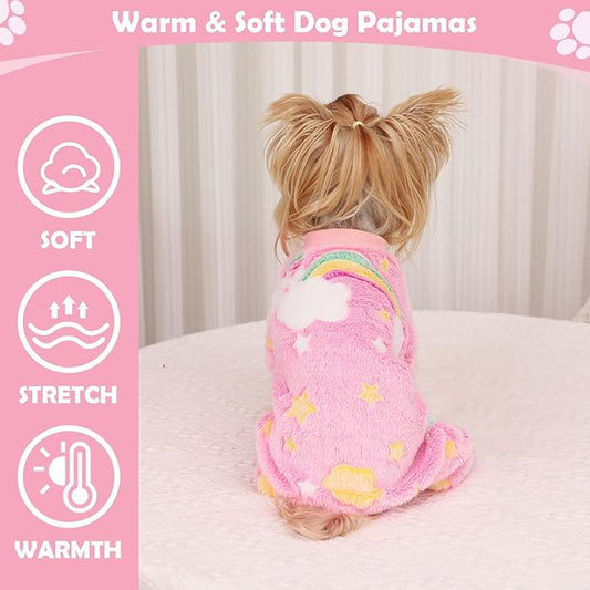 Dog Sweaters Small Girl Warm Fleece Pajamas, Cute Extra Small Dog Clothes, 4 Legs Puppy Jumpsuit Pjs Soft Stretchy Doggie Onesies Pet Outfit Apparel for Chihuahua Yorkie, Rainbow Pink, XXS