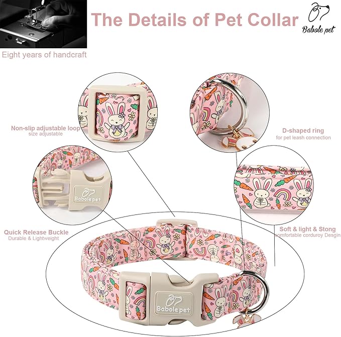 Easter Dog Collar for Small Dogs - Pink Girly Bunny Dog Collars, Cute Girl Dogs Easter Collar, Adjustable Female Spring Holiday Pet Collars with Quick Release Buckle XS