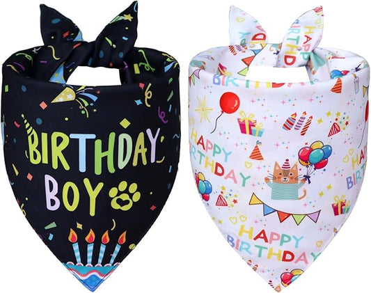 Dog Birthday Bandanas, 2-Pack Reversible 4 Patterns for Large X-Large Dogs - Black Boy & White Girl Birthday Scarf, Party Outfit Gift for Pups (18-23" Neck)