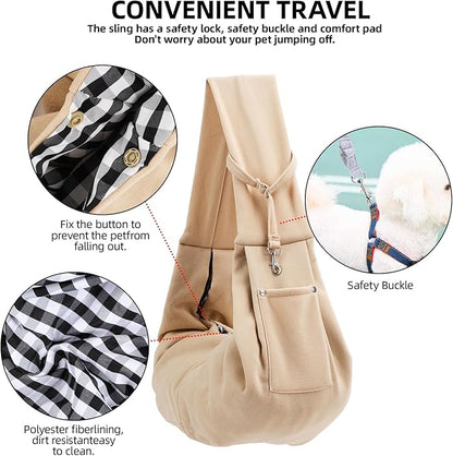 Dog Carrier Sling - Reversible Puppy Carrier Purse with Storage Pocket, Hand-Free Dog Sling Carrier for Carry Small Dogs and Cats, Travel Safety Harness, Dog and Cat Harness (Apricot)