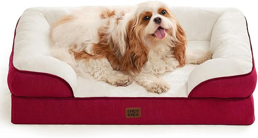 EHEYCIGA Orthopedic Dog Beds for Large Dogs, Waterproof Memory Foam Large Dog Bed with Sides, Non-Slip Bottom and Egg-Crate Foam Pet Couch Bed with Washable Removable Cover,Red