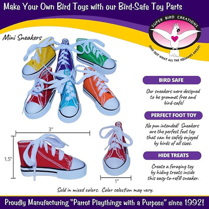 Super Bird Creations SB50009 Sneaker Bird Toy - Durable Safe Chew Toy - Ideal for Cockatiels Parakeets Parrots Small to Large Birds, Encourages Foot Dexterity - Vibrant Colors 3"x1-1/2x1-3/8" (6 Pack)