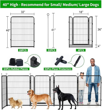 Dog Playpen Outdoor Extra Wide 32 Piece Panels Heavy Duty Dog Fence 40" Height Anti-Rust with Doors Portable for RV Camping Yard, Total 84FT, 561 Sq.ft, Snowy Black
