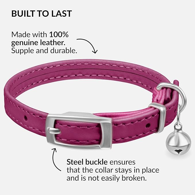 CollarDirect Leather Cat Collar with Bell - Kitten Collar, Small and Big Cat Collar for Boy Cats, Girl Cats with Safety Elastic Strap (Neck Fit 6"-7", Pink)