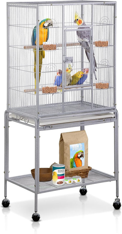 SUPER DEAL 53-Inch Rolling Bird Cage Large Wrought Iron Cage for Cockatiel Sun Conure Parakeet Finch Budgie Lovebird Canary Medium Pet House with Rolling Stand & Storage Shelf, White