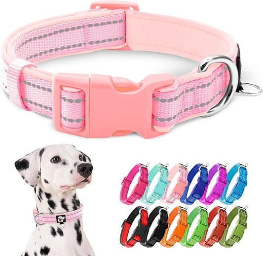 azuza Reflective Dog Collar,Soft Neoprene Padded Pet Collar with ID Tag Ring,Adjustable for Large Dogs,Pink,L