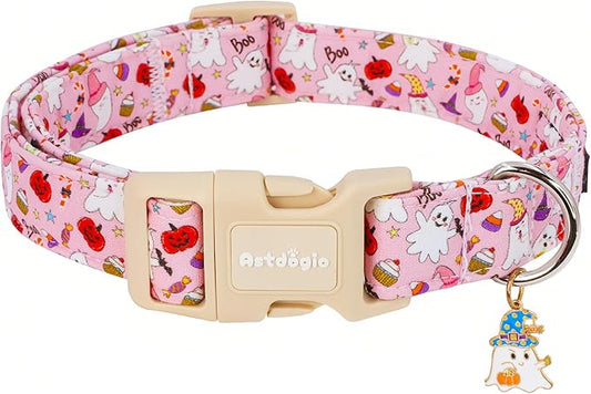 Halloween Dog Collar, Fall Dog Collars for Small Dogs, Cute Pink Puppy Collar with Adorable Ghost & Pumpkin Design, Soft Cotton Small Dog Collars Girl Boy Dog Collar-S