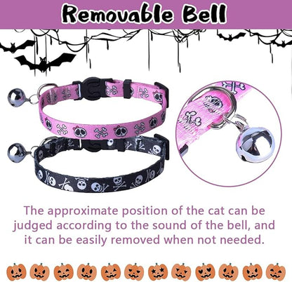 PUPTECK Breakaway Cat Collar with Bell Charm, 2 Packs Adjustable Kitty Collars Pink & Black Skull Pattern, 7.8-11.8 in