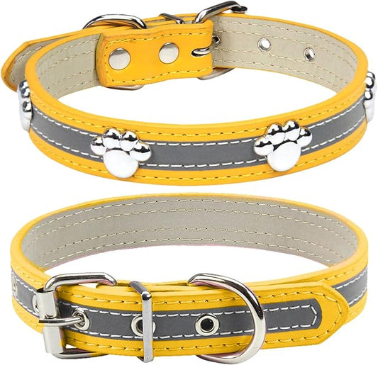 PETCARE Reflective Dog Collar with Cute Paw Rivet Studded Funny Soft PU Leather Adjustable Puppy Dog Collars for Small Medium Large Dogs Cats (Yellow,Large)