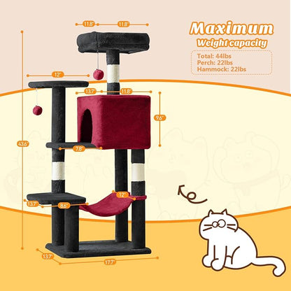Sweetcrispy 44 Inch Cat Tree Tower, Cat Climbing Tower with Natural Sisal Scratching Posts, Hammock, Pet Condo for Indoor Cats and Kittens Play, Black and Red