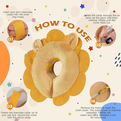 IEUUMLER Inflatable Recovery Dog Collar, Protective Donut Cone, Adjustable Soft Collar for Dog and Cat After Surgery Prevent from Biting & Scratching EU002 - Brown Lion L+