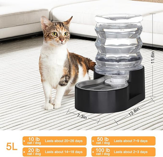 RIZZARI Dog Water Bowl Dispenser: 5L Black Stainless Steel Gravity Feeder with Filter - Easy Refill - Detachable 304 Stainless Bowl - for Small Pets & Multi-Pet Owners - Home Kitchen Patio
