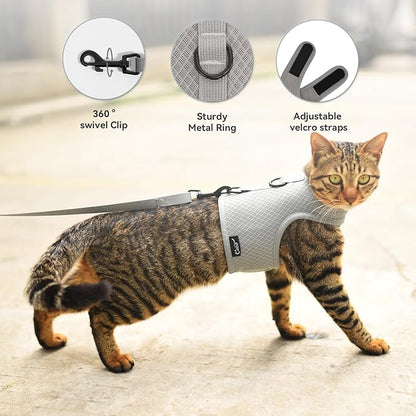 Cat Harness and Leash for Walking Escape Proof Breathable Mesh Fabric, Solid Grey, Extra Large, Adjustable Cat Walking Jackets, Padded Stylish Cat Vest
