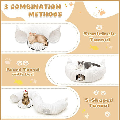 OurWarm White Plush Cat Tunnel Bed Under Christmas Tree, 95cm Large Cat Tunnel Tree Skirt Xmas Decor with 11 Cat Toys, Cozy Holiday Play & Hideaway for Cats, Soft Indoor Cat Activity Center