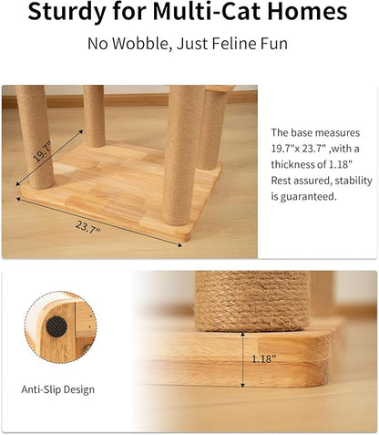 74" Wooden Cat Tree Tower for Large Cats, Multi-Level Cat Climbing Furniture with Scratching Posts, Cat Condo & Hammock, Natural Wood Cat Activity Center(Brown)