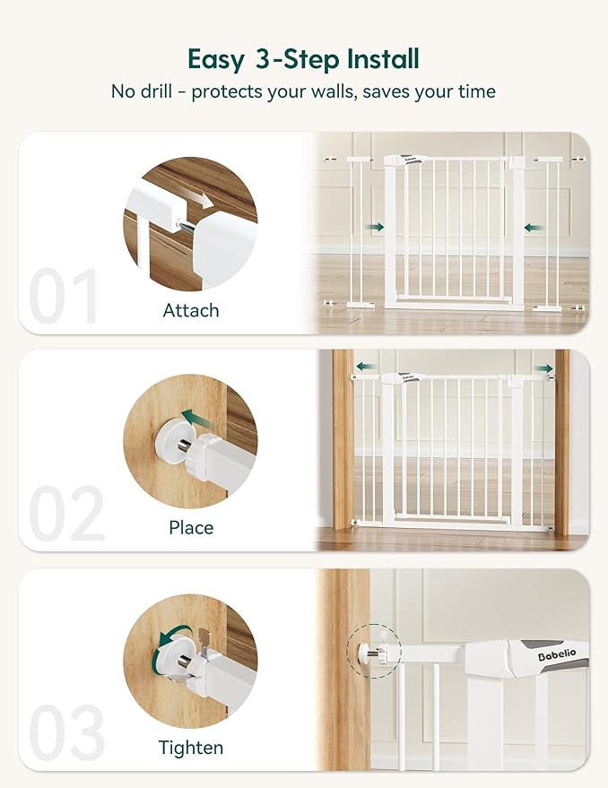 Babelio Baby Gate for Doorways and Stairs, 36“ Tall Pet Gate, PressGuard P7 with Auto Close Design, 29"-43" Wide Easy Install Pressure Mounted, Safety Gate Door for Child and Pet, White