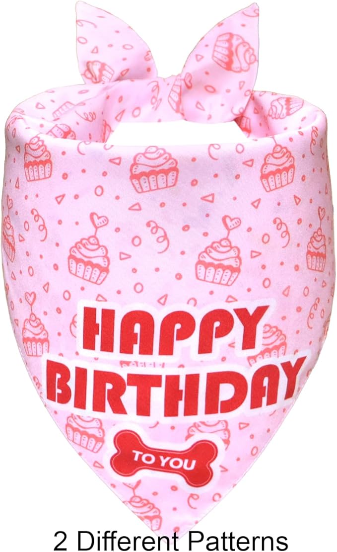 Dog Birthday Bandana Girl for Large to X-Large Dogs, Reversible 2 Patterns in 1, White & Pink Confetti Scarf, Puppy Party Outfit Gift (18-23" Neck)