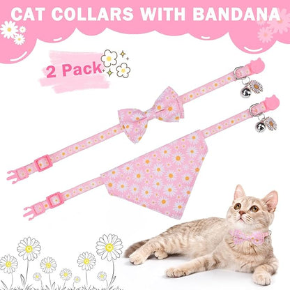 SCENEREAL Spring Cat Collar Breakaway with Bells, 2 Pack Cute Flower Pet Collar with Removable Bow Tie and Bandana, Adjustable Safety Buckle with Daisy Pendants for Girl Cats Kitten